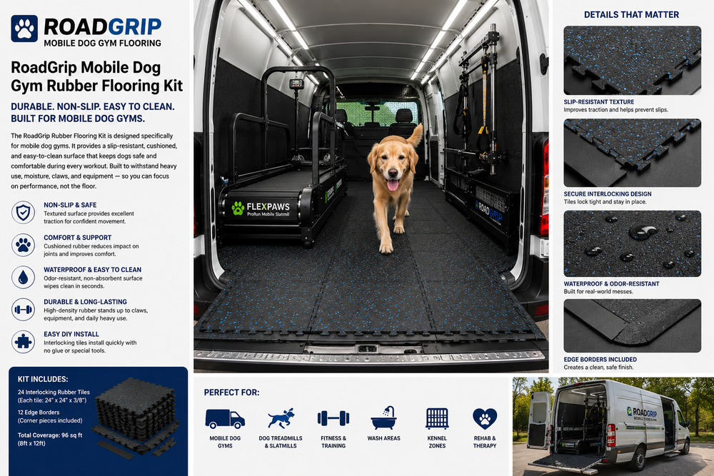 RoadGrip mobile dog gym rubber flooring kit with a dog inside a van.