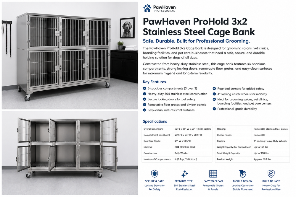 PawHaven ProHold 3x2 Stainless Steel Cage Bank