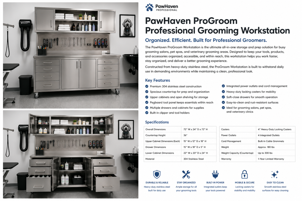 PawHaven ProGroom Professional Grooming Workstation with product details on a white background
