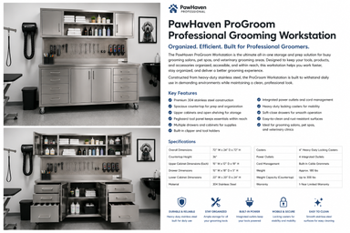 PawHaven ProGroom Professional Grooming Workstation with product details on a white background